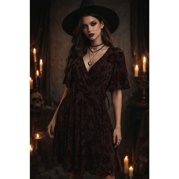 As U Wish Dresses & Skirts - As U Wish S Small Burgundy Velvet Burnout Faux Wrap V-Neck Short Sleeve Dress